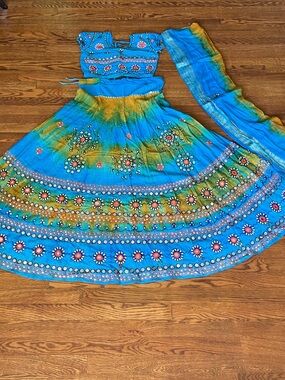 Ethnic Indian Wear Turquoise Blue & Yellow Tie-Dye Lehenga Choli Set